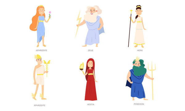 Greek gods and goddesses in special traditional costumes vector illustration