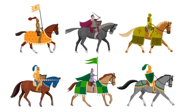 Caballeros con banderas, escudos y espadas a caballo vector ilustración — Archivo Imágenes Vectoriales