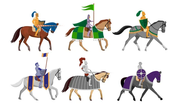 Ridders met vlaggen, schilden en zwaarden op paard vector illustratie — Stockvector