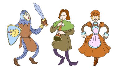 Şövalye, müzisyen ve geleneksel kostümlü bayan karakterler.
