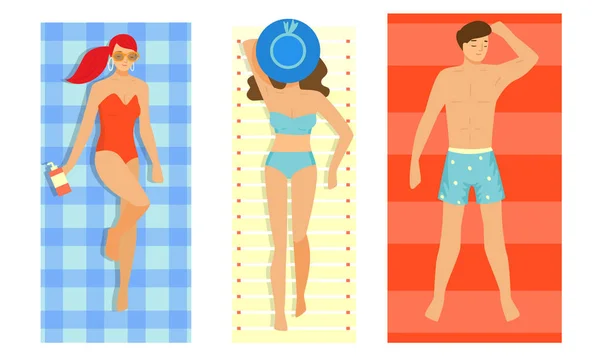 Women and men in swimwear enjoying sunshine sunbathing vector illustration — Stock Vector