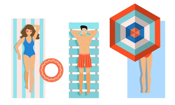 Kobiety i mężczyźni w strojach kąpielowych opalanie na wakacje wektor ilustracji — Wektor stockowy