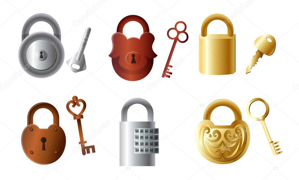 Different golden and silver locks with keys vector illustration