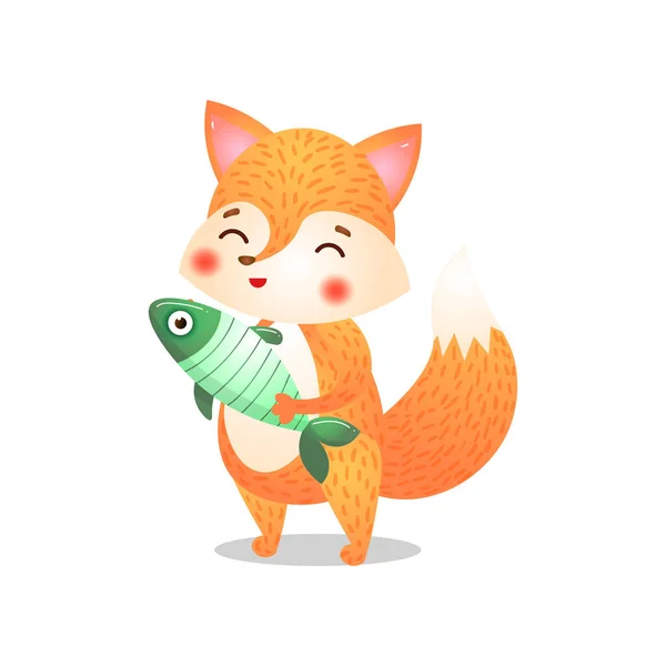 Fox personaggio con i pesci. Illustrazione raster in stile fumetto piatto su sfondo bianco — Vettoriale Stock