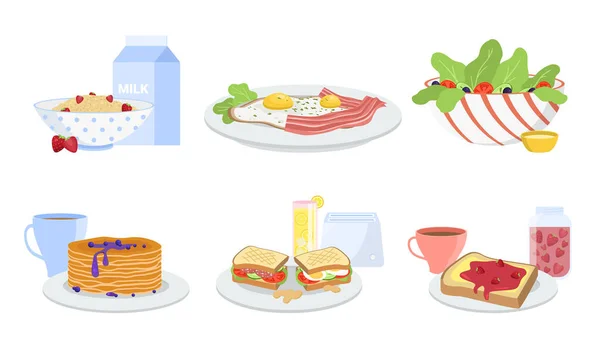 Diferentes tipos de desayuno saludable servido establece ilustración vectorial — Archivo Imágenes Vectoriales