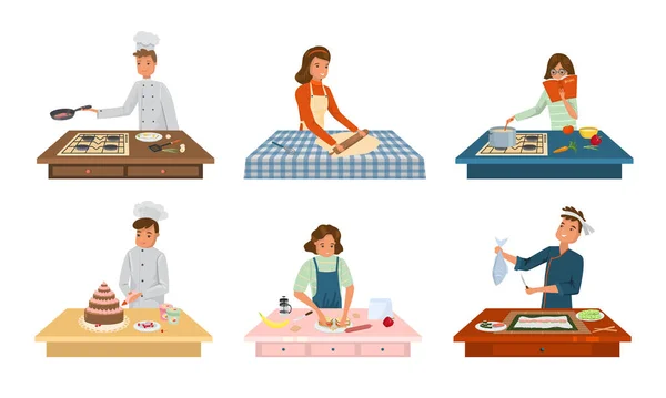 Personas y cocineros en uniforme haciendo ilustración de vectores de alimentos — Archivo Imágenes Vectoriales
