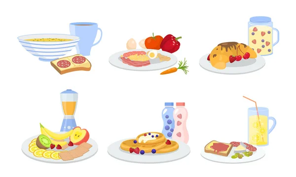 Diferentes tipos de desayuno saludable servido establece ilustración vectorial — Vector de stock