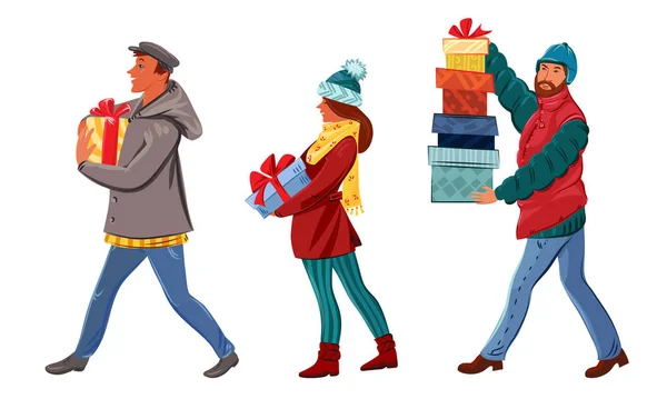 Set of happy people carrying holiday gift boxes vector illustration — Stock Vector