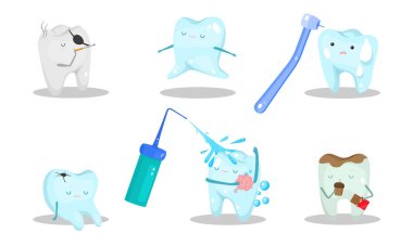 Farklı durumlarda mutlu ve stresli dişler vektör çizimi