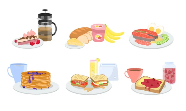 Diferentes tipos de desayuno sano fresco establece ilustración vectorial — Archivo Imágenes Vectoriales