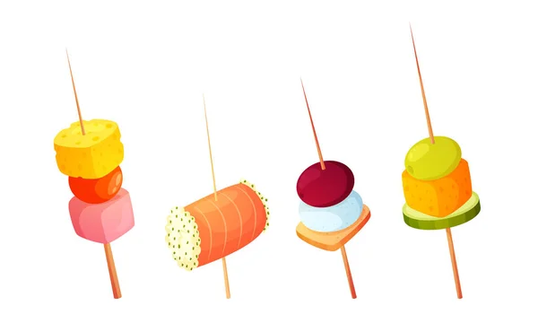 Diferentes tipos de bocadillos gourmet en pinchos ilustración vectorial — Vector de stock