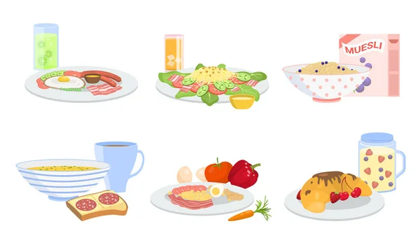 Olika typer av hälsosam frukost sätter vektor illustration — Stock vektor