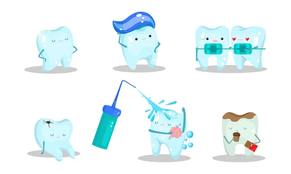 Dientes sanos y dañados felices en diferentes situaciones vector ilustración — Vector de stock