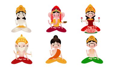Taçlı vektör illüstrasyonlu farklı renkli Hindu tanrıları