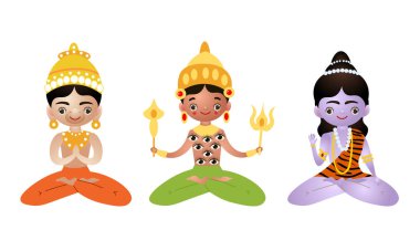 Lotus 'ta oturan farklı Hindu tanrıların vektör illüstrasyonu pozu