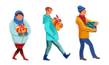 El yapımı vektör illüstrasyonunda bayram hediyeleri taşıyan bir grup insan