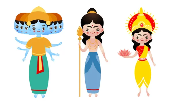 Verschiedene farbenfrohe hinduistische Gottheiten mit menschlichen Gesichtern — Stockvektor