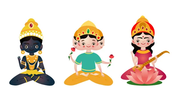 Verschiedene bunte sitzende Hindu in Lotus-Pose Gottheiten Vektor Illustration — Stockvektor