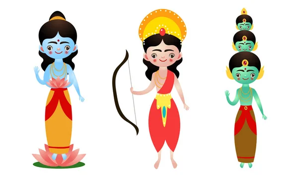 Verschiedene stehende Hindu-Gottheiten mit menschlichen Gesichtern als Vektorillustration — Stockvektor