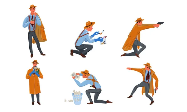 Mężczyzna detektyw w tradycyjnym kapeluszu co prywatny detektyw wektor ilustracji — Wektor stockowy