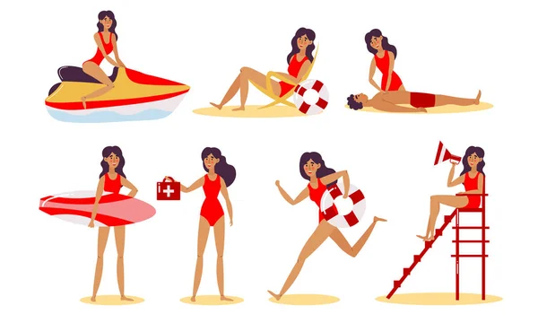 Joven mujeres bonitas salvavidas de playa en traje de baño rojo vector ilustración — Archivo Imágenes Vectoriales