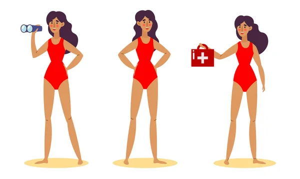 Young brunette women beach lifeguards in red swimsuites vector illustration — Stock Vector