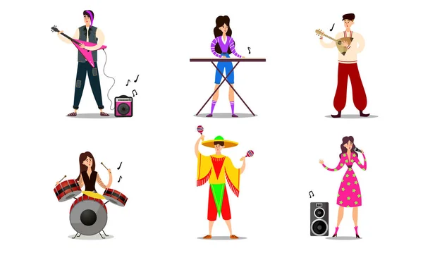 Musicians and singers in bright costumes on stage vector illustration — Stock Vector