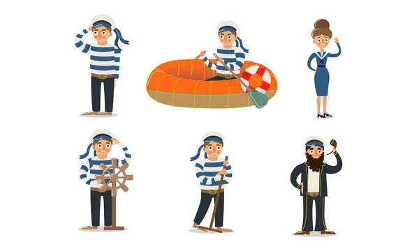 Άνδρες και γυναίκες ναύτες στην παραδοσιακή μπλε ομοιόμορφη διανυσματική απεικόνιση — Διανυσματικό Αρχείο