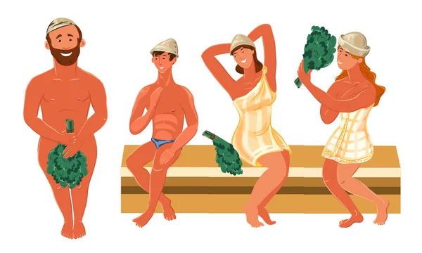 Set di persone nude in asciugamani godendo bagno vettoriale illustrazione — Vettoriale Stock