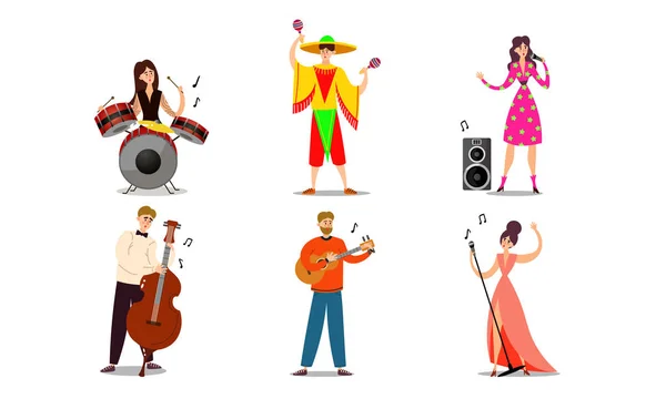 Μουσικοί και τραγουδιστές που παίζουν μουσική στη σκηνή διανυσματική απεικόνιση — Διανυσματικό Αρχείο