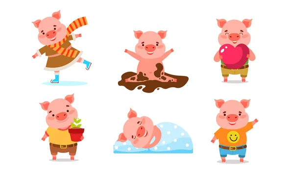 Zestaw szczęśliwych świń wyrażających pozytywne emocje wektor ilustracji — Wektor stockowy