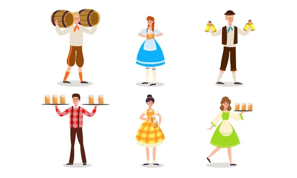 Waiters in german uniform serving beer drinks vector illustration — Stock Vector