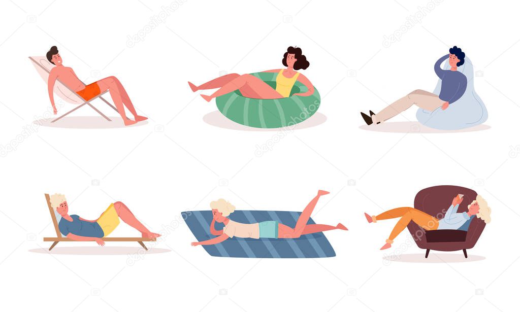 People enjoying rest in armchairs, sunbeds, on floor vector illustration