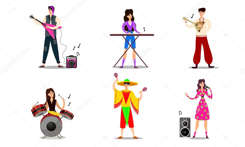 Musicians and singers in bright costumes on stage vector illustration