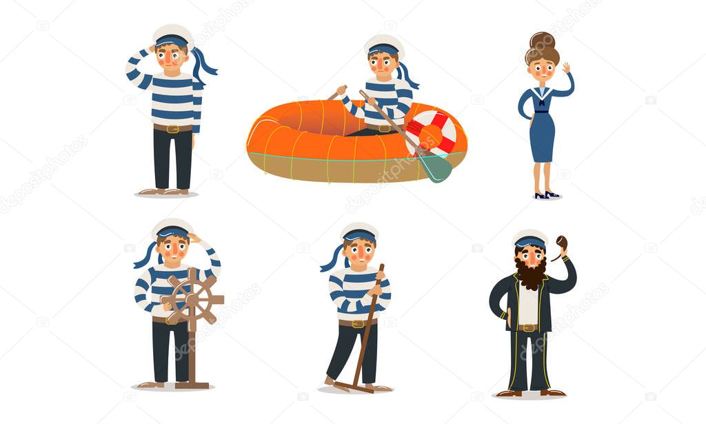 Men and women sailors in traditional blue uniform vector illustration