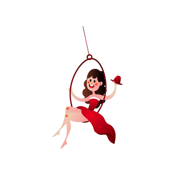Linda chica de circo, gimnasta de aire volando en círculo de metal — Vector de stock