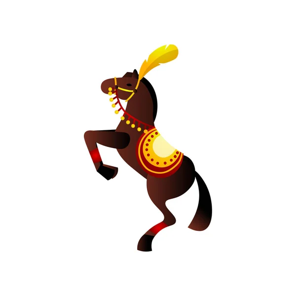 Brown cavalo de circo incrível com fita vermelha e sela de ouro —  Vetores de Stock