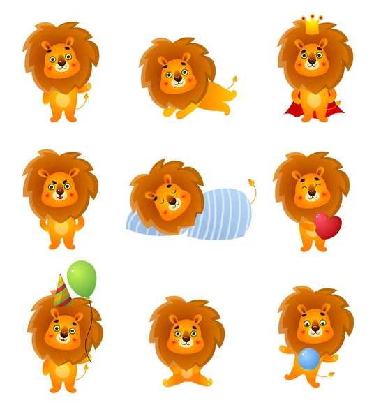 Sada roztomilé různé charakter lev, pózy a emoce — Stockový vektor