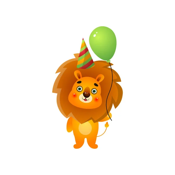 Lindo niño león con globo verde y sombrero cónico — Vector de stock