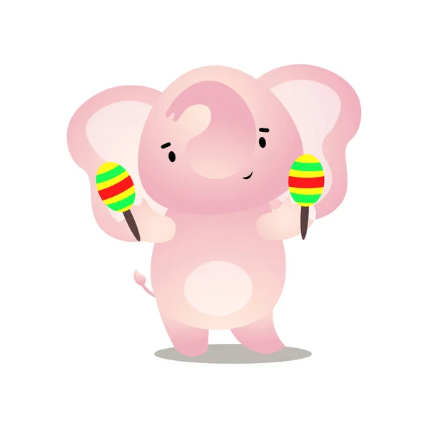 Cute śmieszne dziecko słoń jest taniec i grać marakas — Wektor stockowy