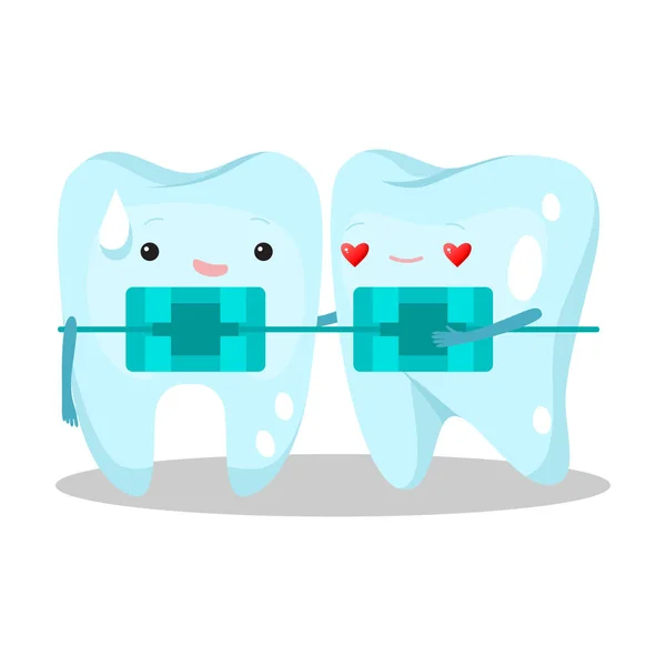 Dos dientes sanos de pie con parches en los cuerpos ilustración vectorial — Vector de stock