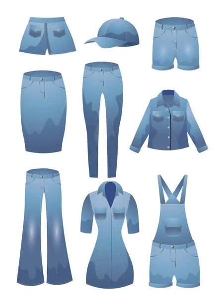 Serie di vari vestiti di jeans. Illustrazione vettoriale in stile fumetto piatto . — Vettoriale Stock