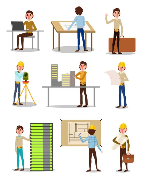 Set van mannen ingenieurs tijdens het werk vector illustratie — Stockvector