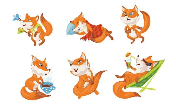 Red-haired foxes with blue eyes doing everyday things vector illustration — 스톡 벡터