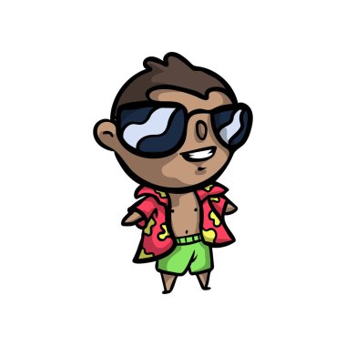 Yeşil şortlu ve siyah güneş gözlüklü tatlı Hawaii 'li çocuk.