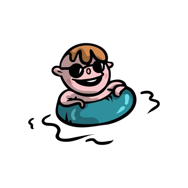 Cute uśmiechnięty chłopiec z czarnymi okularami słonecznymi pływanie z niebieskim pierścieniem — Wektor stockowy