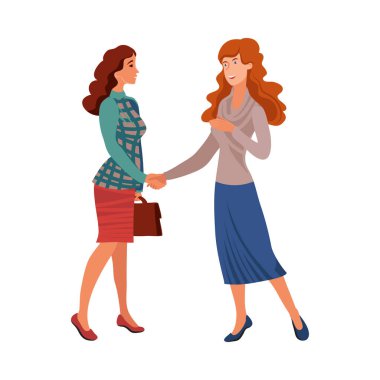 Business meeting of two office women shaking hands. Vector illustration in flat cartoon style.