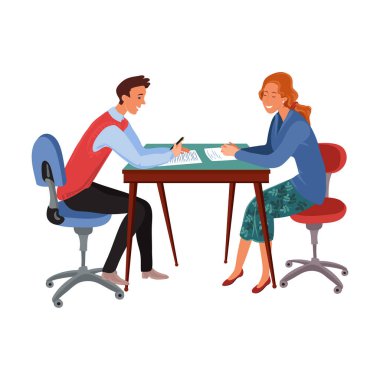 Office man and woman working together sitting at the table. Vector illustration in flat cartoon style.