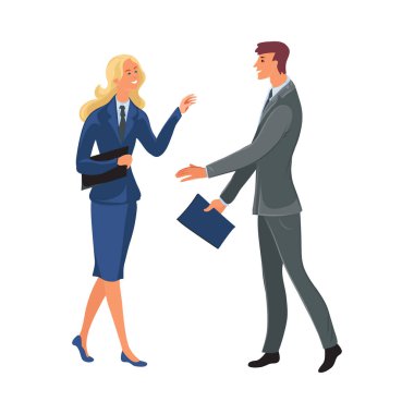 Business meeting of office woman and man in suits. Vector illustration in flat cartoon style.