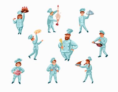 Set of chef-cook characters showing meals in different actions. Vector illustration in flat cartoon style.